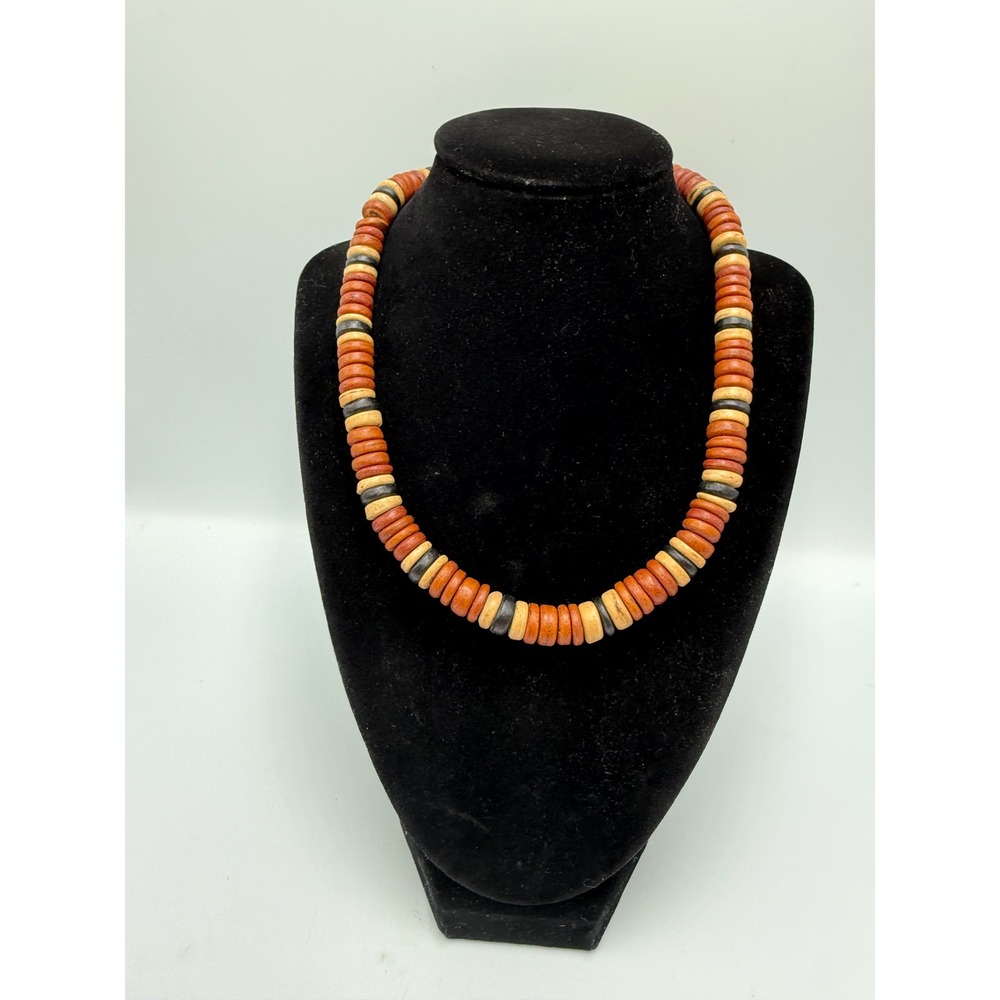Vintage Wood Disc Bead Necklace Earthy Terracotta Cream Black Boho Barrel Clasp